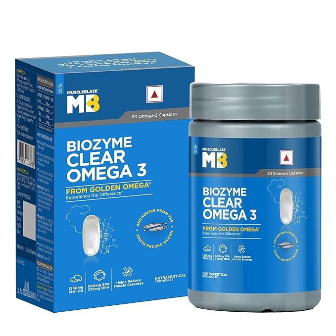 MuscleBlaze Biozyme Clear Omega 3 Fish Oil, 1250 mg Fish Oil with 500 mg EPA & 375 mg DHA, India's First Golden Omega Supplement, Helps Reduce Muscle Soreness, 60 Omega 3 Capsules