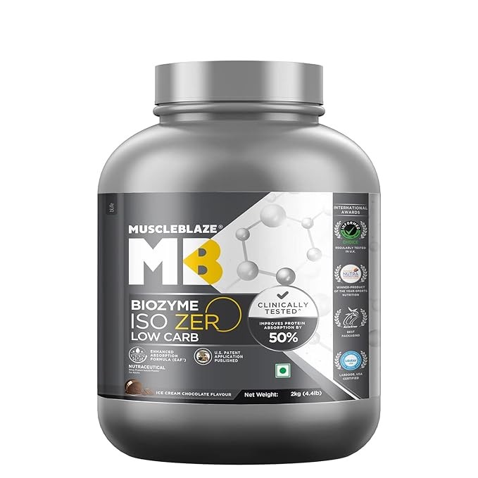 MuscleBlaze Biozyme Iso-Zero Low Carb 100% Pure Whey Protein Isolate with USA Patent-Published 2kg 59 servings